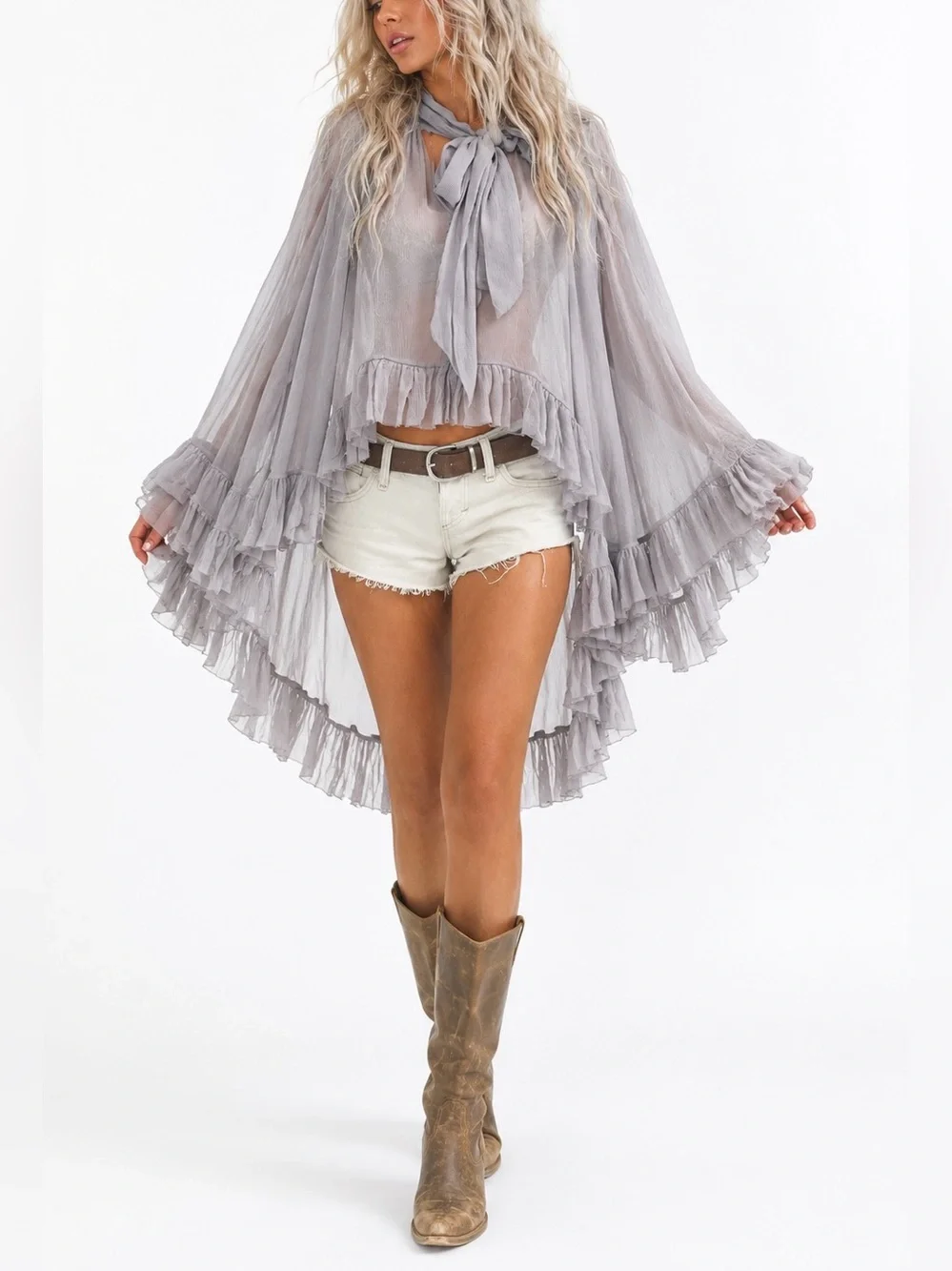 Free People Full Sleeve Frill Top Gray Dawn Light Grey Sheer Ruffle Festival SZM - Picture 1 of 7